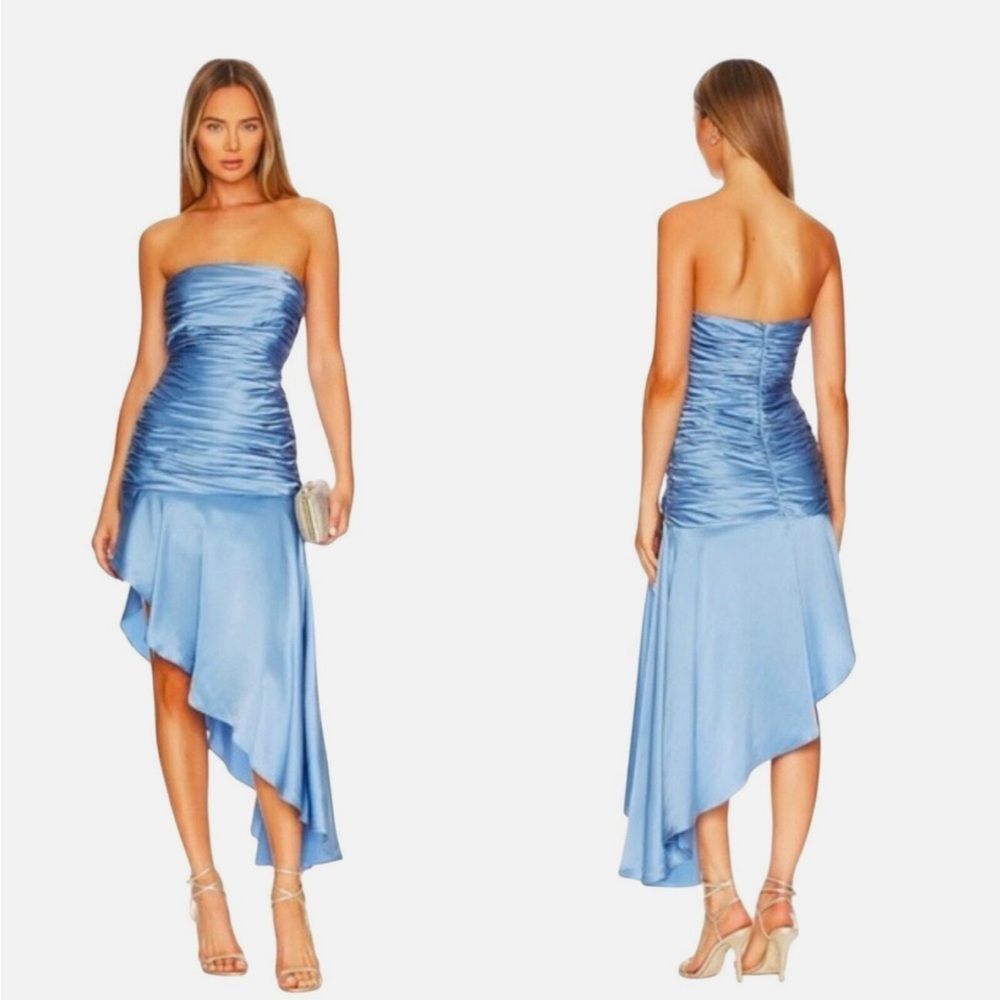 CINQ À SEPT Eliza Ruched-bodice High-low Strapless Silk Dress In deja blue